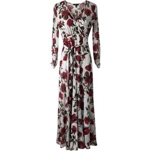 The Moon Womens M Floral Maxi Dress White Red Rose Faux Wrap Boho Romantic